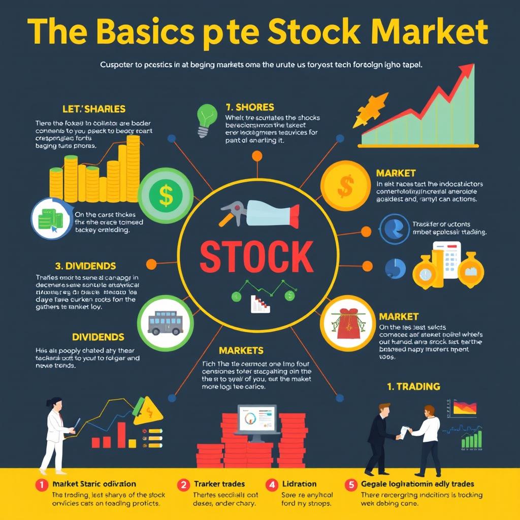 An educational infographic on the basics of the stock market, featuring key concepts such as stocks, shares, dividends, market capitalization, and trading