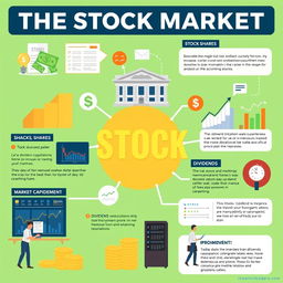 An educational infographic on the basics of the stock market, featuring key concepts such as stocks, shares, dividends, market capitalization, and trading