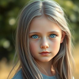 A realistic portrayal of an adolescent girl with long gray hair and striking blue eyes