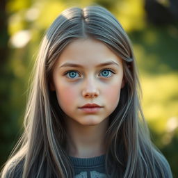 A realistic portrayal of an adolescent girl with long gray hair and striking blue eyes