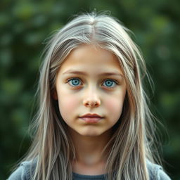 A realistic portrayal of an adolescent girl with long gray hair and striking blue eyes