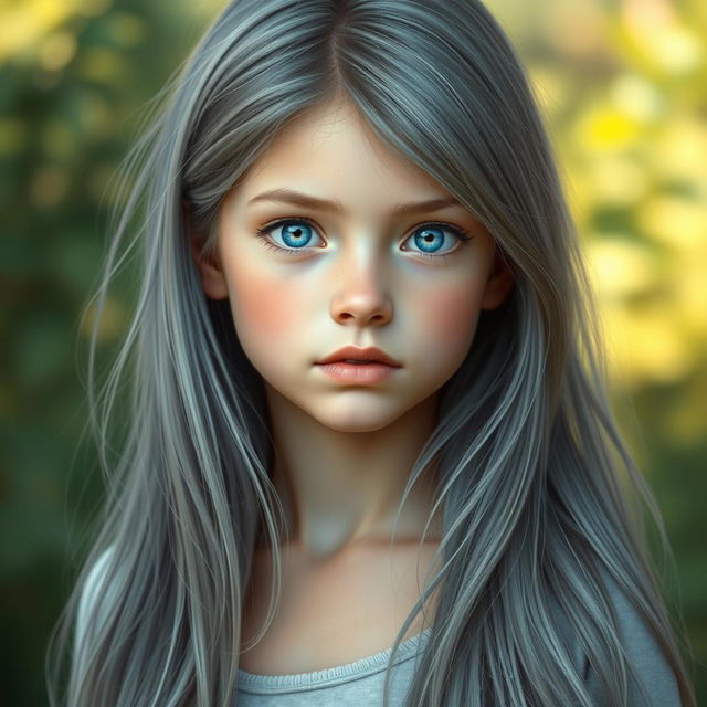 A realistic portrayal of an adolescent girl with long gray hair and striking blue eyes