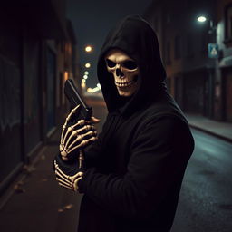 An intense scene featuring a man wearing a black hood and a striking white skull mask, accentuating an air of mystery and danger