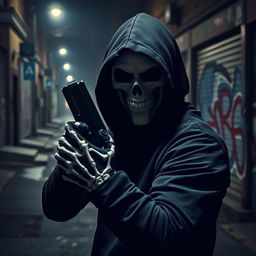 An intense scene featuring a man wearing a black hood and a striking white skull mask, accentuating an air of mystery and danger