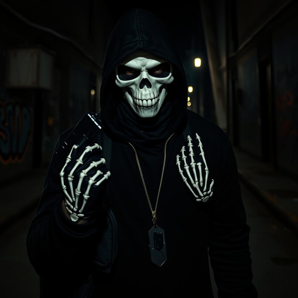 An intense scene featuring a man wearing a black hood and a striking white skull mask, accentuating an air of mystery and danger