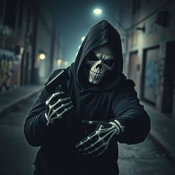 An intense scene featuring a man wearing a black hood and a striking white skull mask, accentuating an air of mystery and danger