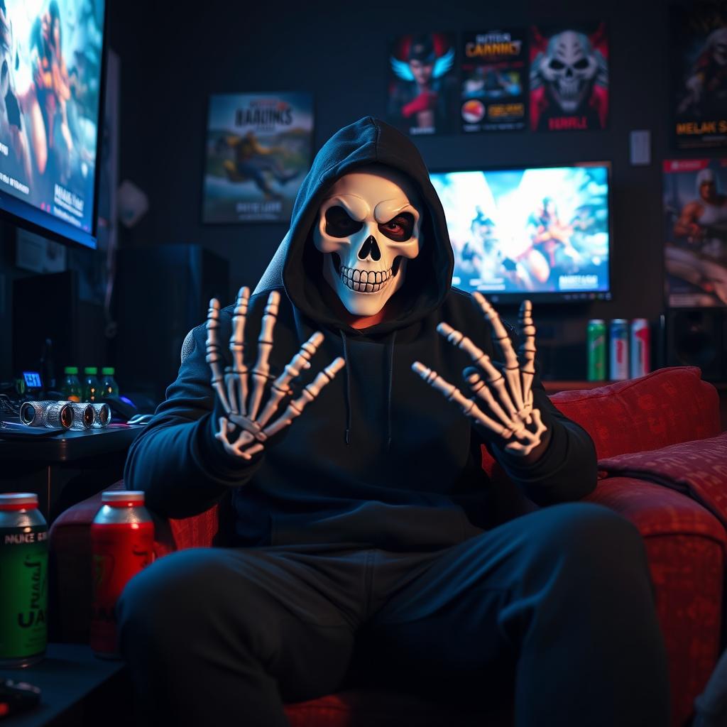 A dynamic scene of a man seated comfortably while playing video games, dressed in a black hood and a striking white skull mask, creating an intriguing contrast