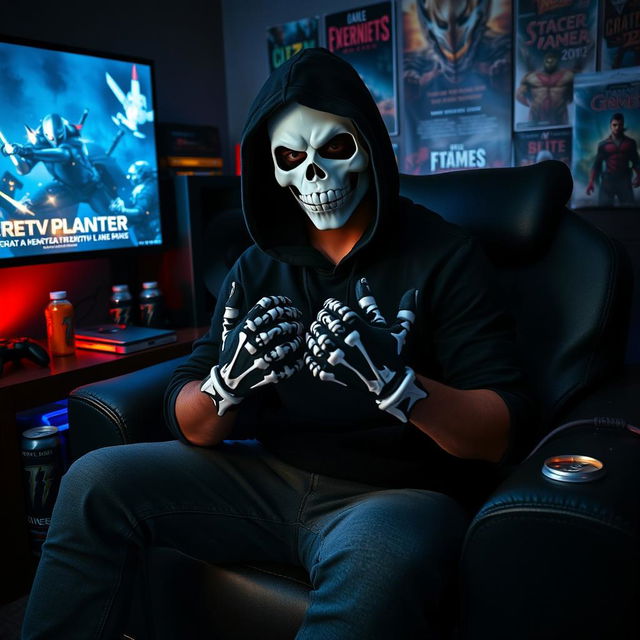 A dynamic scene of a man seated comfortably while playing video games, dressed in a black hood and a striking white skull mask, creating an intriguing contrast