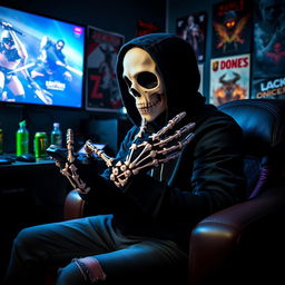 A dynamic scene of a man seated comfortably while playing video games, dressed in a black hood and a striking white skull mask, creating an intriguing contrast