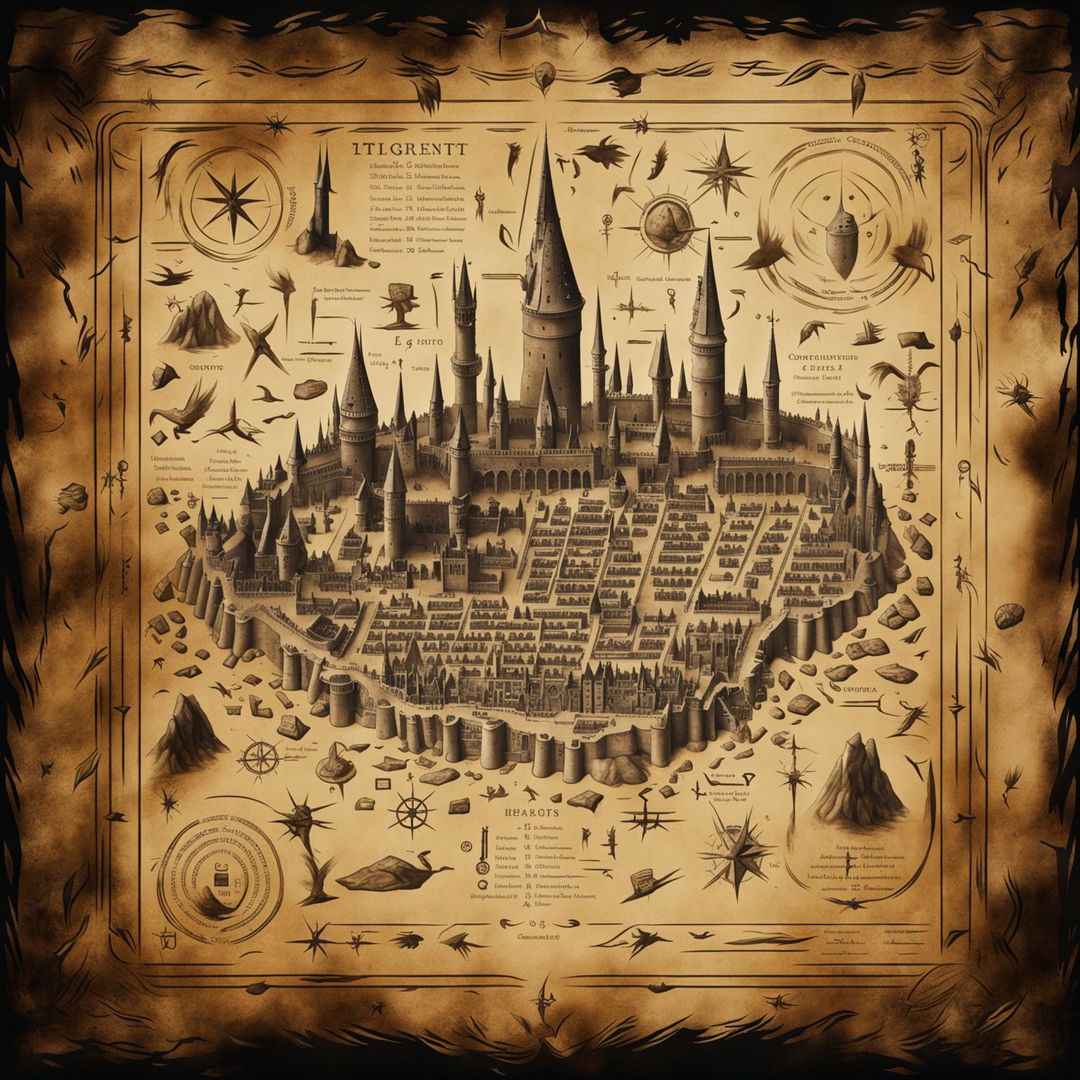 A worn parchment map of Hogwarts with moving footprints representing people, secret passages marked out, and shifting locations like the Room of Requirement