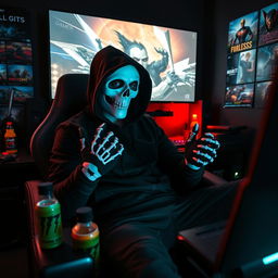A dynamic scene of a man seated comfortably while playing video games, dressed in a black hood and a striking white skull mask, creating an intriguing contrast