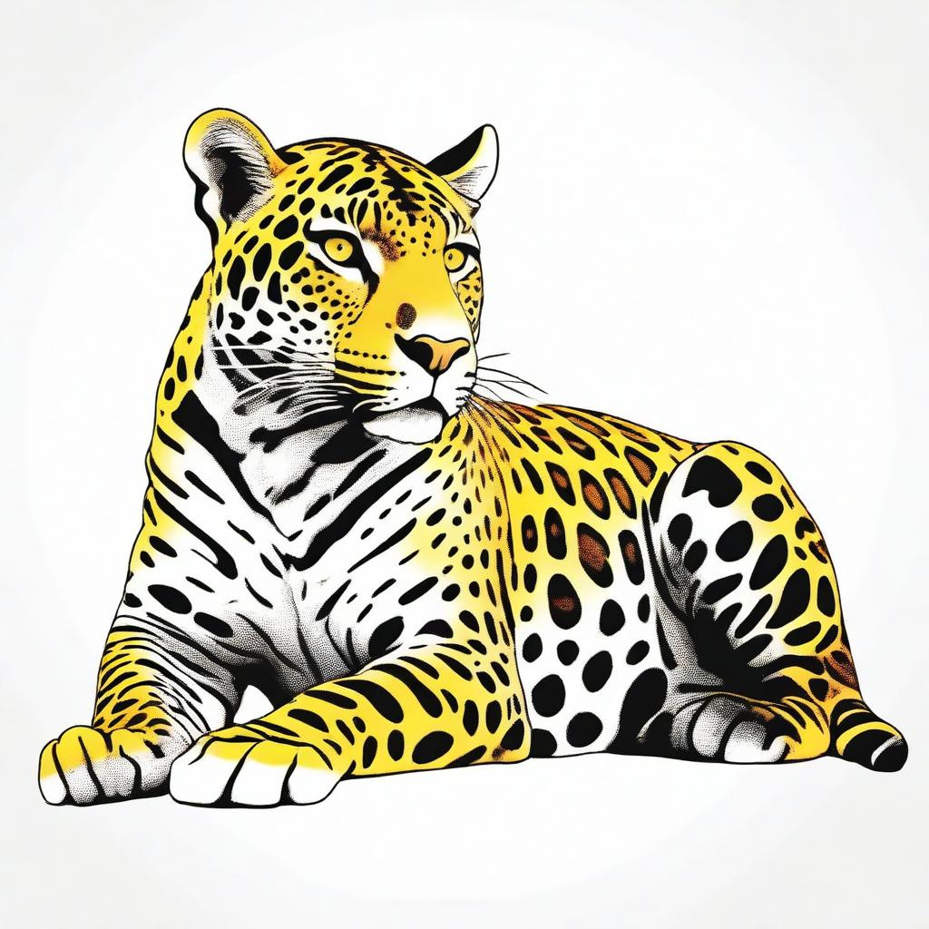 A full-body illustration of a jaguar seen in profile, lying down on a white background, with meticulously detailed spots, rendered in a palette of yellow, orange, and black, to resemble the actual colors of a real jaguar