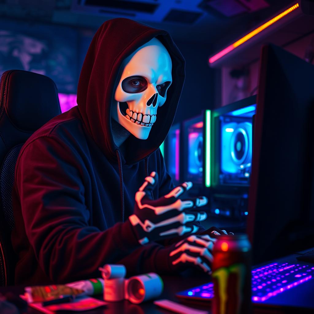 A captivating scene of a man immersed in playing PC games, wearing a black hood and a striking white skull mask