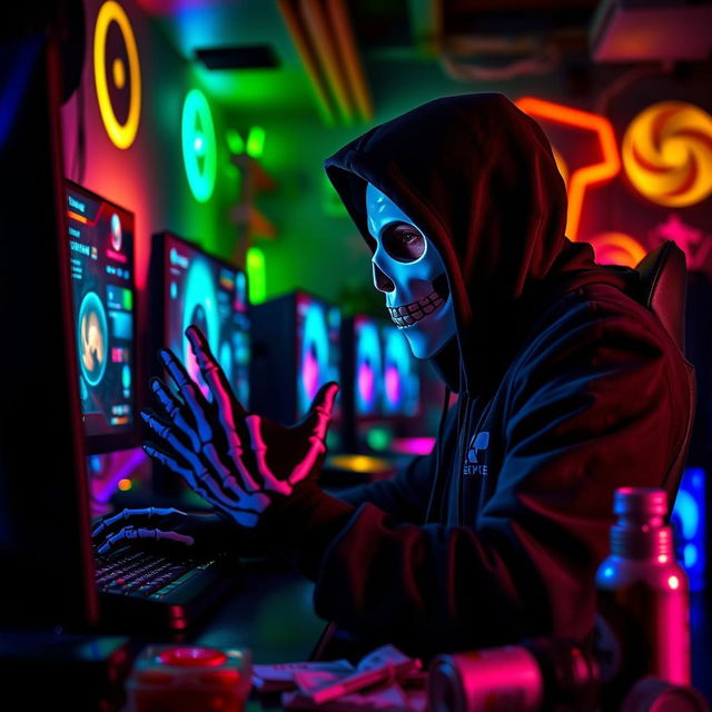 A captivating scene of a man immersed in playing PC games, wearing a black hood and a striking white skull mask