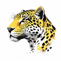 A full-body illustration of a jaguar seen in profile, lying down on a white background, with meticulously detailed spots, rendered in a palette of yellow, orange, and black, to resemble the actual colors of a real jaguar