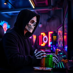 A captivating scene of a man immersed in playing PC games, wearing a black hood and a striking white skull mask
