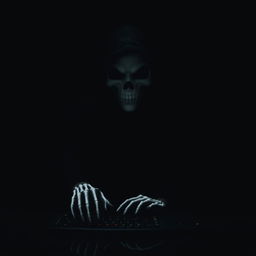 A striking image of a man wearing a black hood and a white skull mask, exuding a mysterious aura
