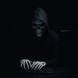 A striking image of a man wearing a black hood and a white skull mask, exuding a mysterious aura