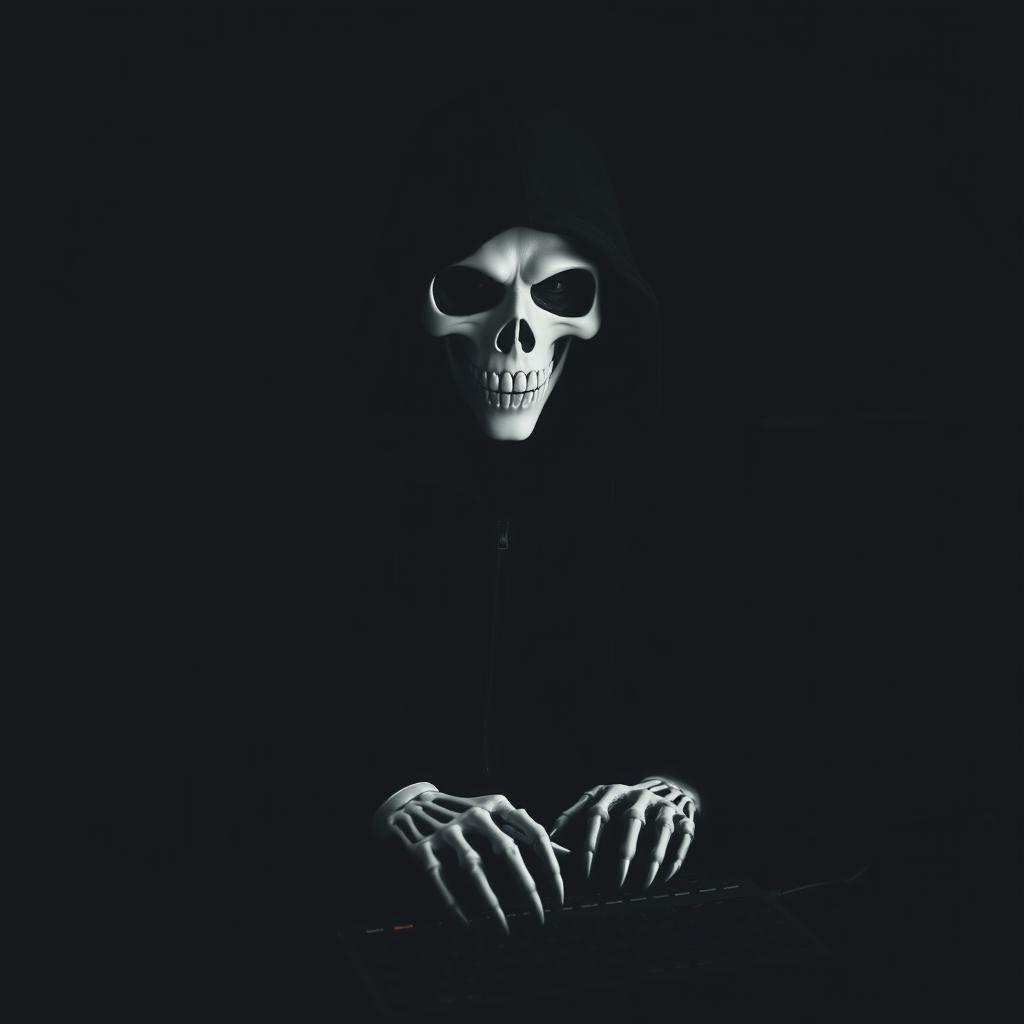 A striking image of a man wearing a black hood and a white skull mask, exuding a mysterious aura