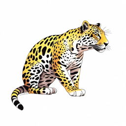 A full-body illustration of a jaguar seen in profile, lying down on a white background, with meticulously detailed spots, rendered in a palette of yellow, orange, and black, to resemble the actual colors of a real jaguar