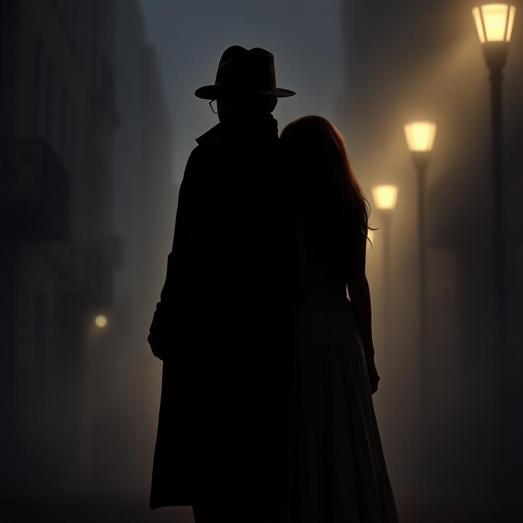 A scene depicting a man and a woman standing back to back, both facing away from the observer, radiating an aura of mystery