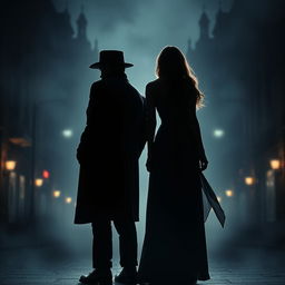 A scene depicting a man and a woman standing back to back, both facing away from the observer, radiating an aura of mystery