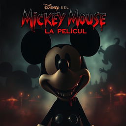 A chilling movie poster featuring a dark, eerie version of a familiar mouse character resembling Mickey Mouse, with a sinister grin and a bloodied mouth