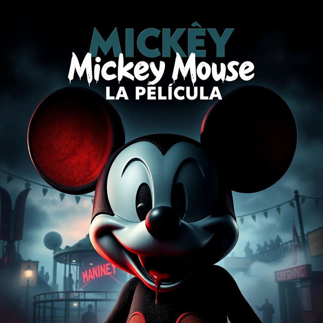 A chilling movie poster featuring a dark, eerie version of a familiar mouse character resembling Mickey Mouse, with a sinister grin and a bloodied mouth