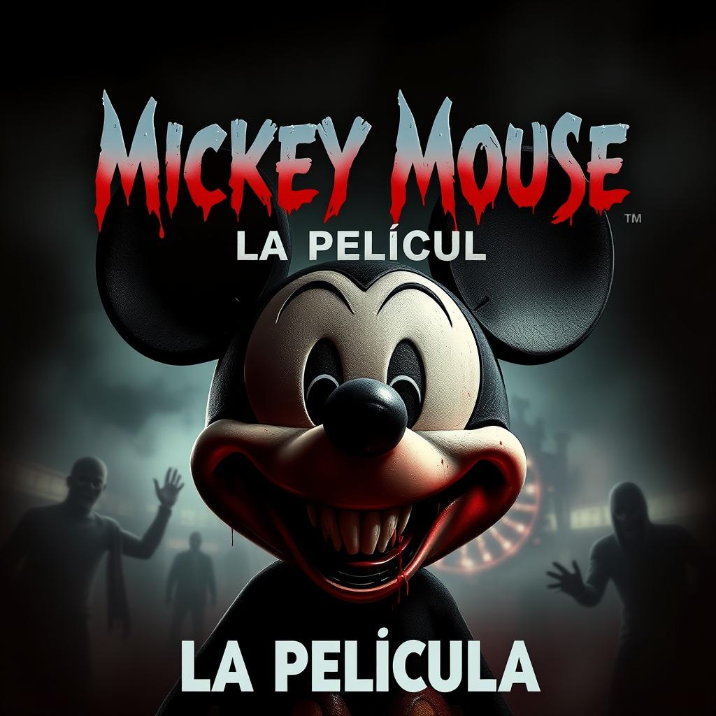 A chilling movie poster featuring a dark, eerie version of a familiar mouse character resembling Mickey Mouse, with a sinister grin and a bloodied mouth