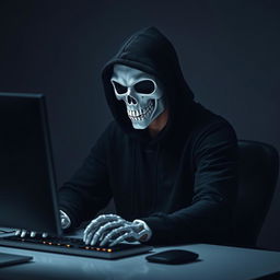 A captivating image of a man dressed in a black hood and a striking white skull mask, sitting at a sleek PC desk