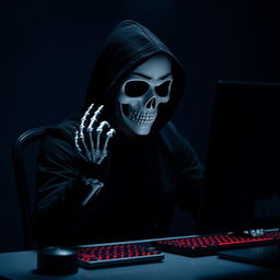A captivating image of a man dressed in a black hood and a striking white skull mask, sitting at a sleek PC desk