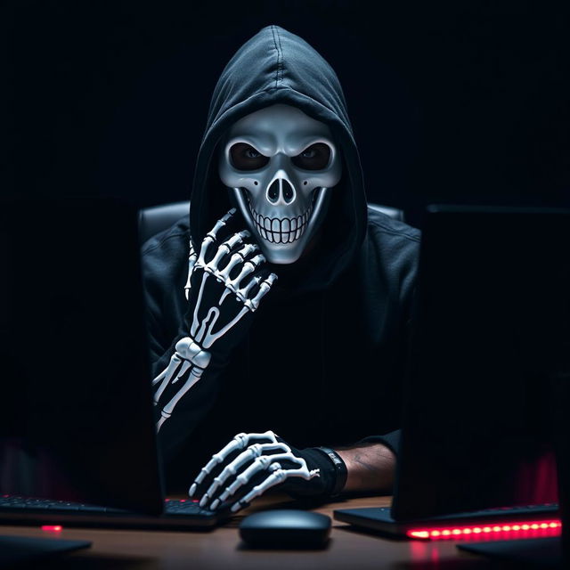 A captivating image of a man dressed in a black hood and a striking white skull mask, sitting at a sleek PC desk