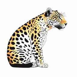 A full-body illustration of a jaguar seen in profile, sitting, against a white background, detailed spots illustrating its natural pattern, drawn in hues of yellow, orange, and black, mimicking the real-life colors of a jaguar