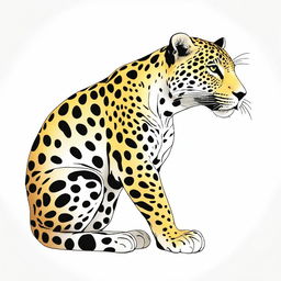 A full-body illustration of a jaguar seen in profile, sitting, against a white background, detailed spots illustrating its natural pattern, drawn in hues of yellow, orange, and black, mimicking the real-life colors of a jaguar