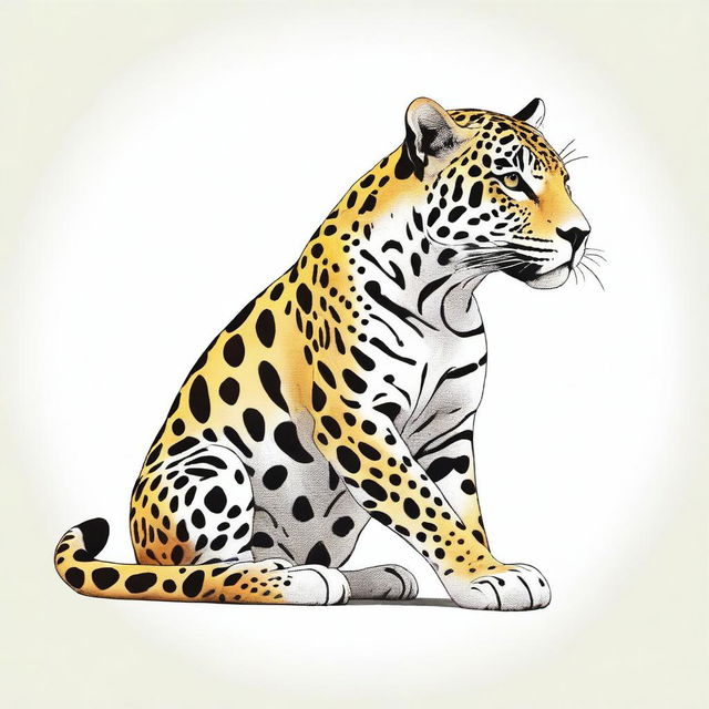 A full-body illustration of a jaguar seen in profile, sitting, against a white background, detailed spots illustrating its natural pattern, drawn in hues of yellow, orange, and black, mimicking the real-life colors of a jaguar