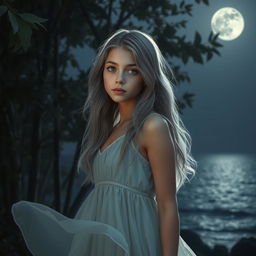 A teenage girl with gray hair standing beautifully in a forest during a full moon night