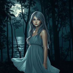 A teenage girl with gray hair standing beautifully in a forest during a full moon night