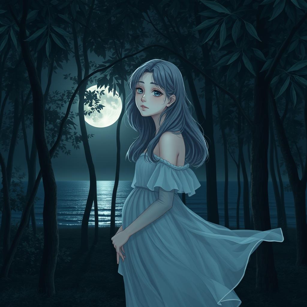 A teenage girl with gray hair standing beautifully in a forest during a full moon night