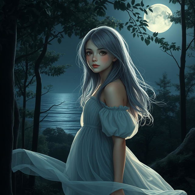 A teenage girl with gray hair standing beautifully in a forest during a full moon night