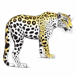 A full-body illustration of a jaguar seen in profile, sitting, against a white background, detailed spots illustrating its natural pattern, drawn in hues of yellow, orange, and black, mimicking the real-life colors of a jaguar