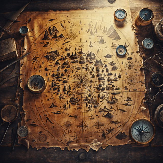 HD 36k photograph of an ancient map to Atlantis spread on a rustic wooden table with various antique navigation tools around it