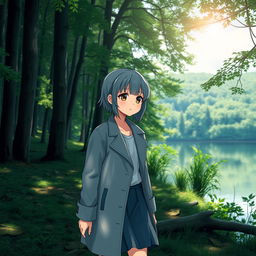 A teenage girl with gray hair, wearing a stylish coat and a skirt, walking through a lush forest with a serene lake in the background