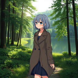 A teenage girl with gray hair, wearing a stylish coat and a skirt, walking through a lush forest with a serene lake in the background