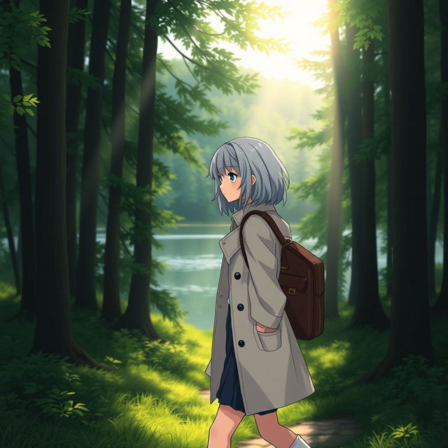 A teenage girl with gray hair, wearing a stylish coat and a skirt, walking through a lush forest with a serene lake in the background