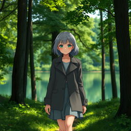 A teenage girl with gray hair, wearing a stylish coat and a skirt, walking through a lush forest with a serene lake in the background