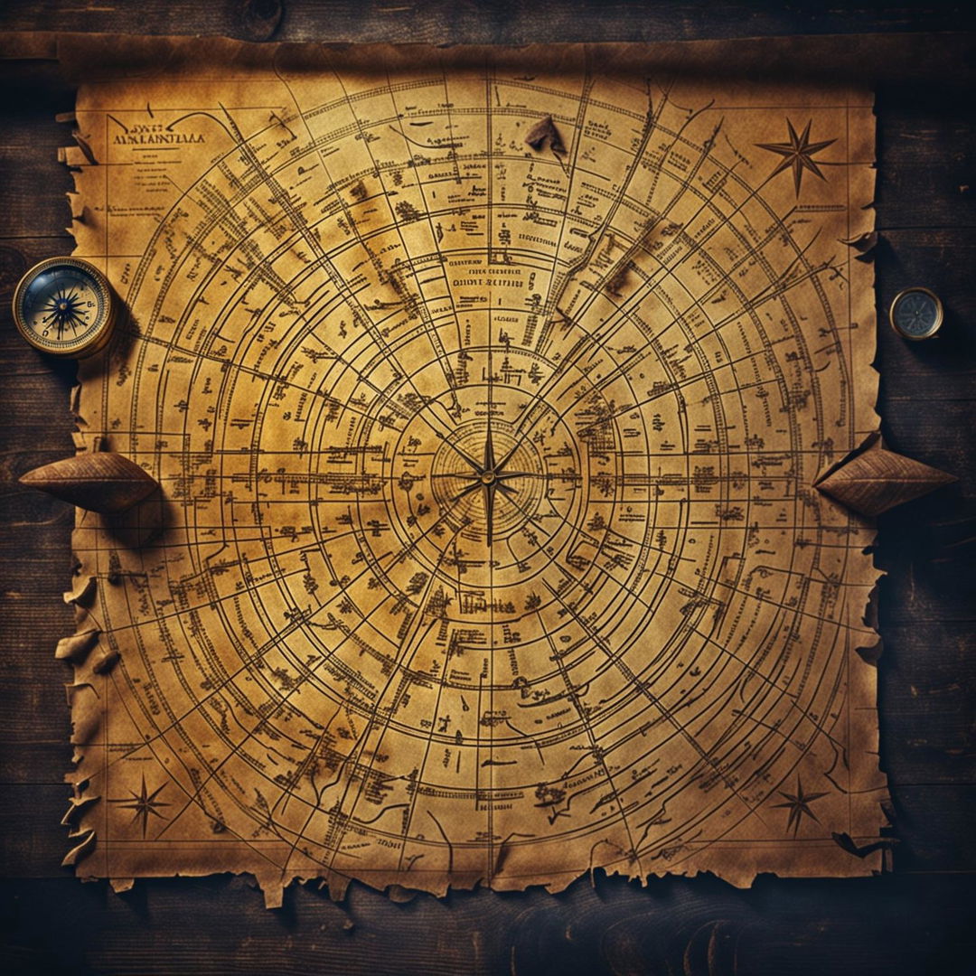 HD 36k photograph taken with a Nikon camera of an ancient map to Atlantis spread on a rustic wooden table with a single antique compass