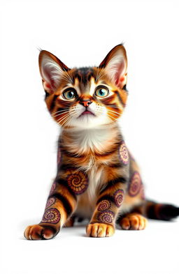 A cute cat adorned with intricate mandala swirls on its ears and various body parts
