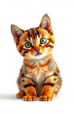 A cute cat adorned with intricate mandala swirls on its ears and various body parts