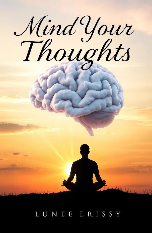 A visually striking book cover for a title "Mind Your Thoughts" featuring a serene landscape with a large, intricate brain made of clouds in the sky