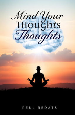 A visually striking book cover for a title "Mind Your Thoughts" featuring a serene landscape with a large, intricate brain made of clouds in the sky